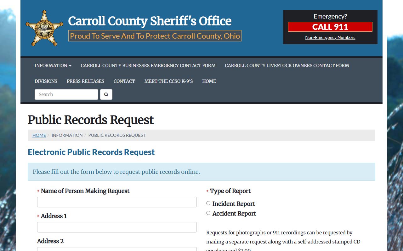 Carroll County sheriff public records request page for inmate records and photographs